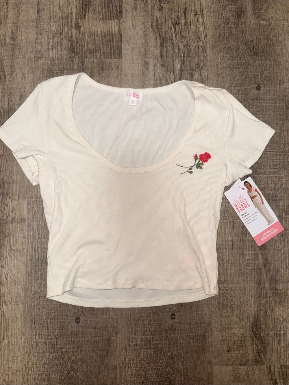 Cream Scoop-Neck Ribbed Crop Top with Rose Embroidery